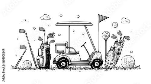 Illustration of a golf cart with golf clubs and balls on grass.
