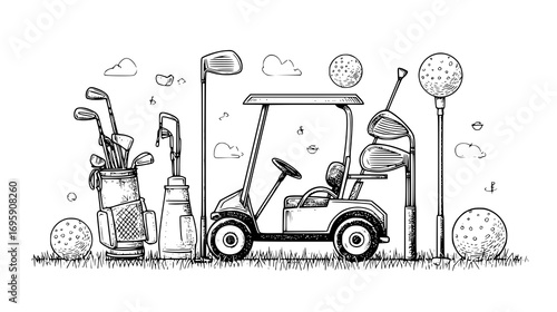 Illustration of a golf cart with golf clubs and balls on grass.