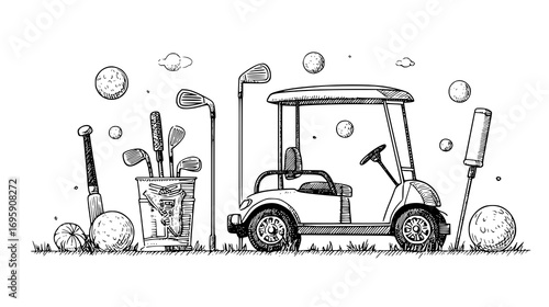 Illustration of a golf cart with golf clubs and balls on grass.