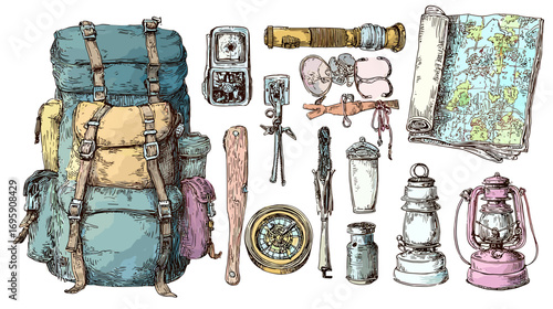 Vintage illustration of camping gear including a backpack, map, compass, lanterns, and other travel essentials.