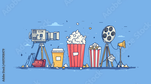 Illustration of cinema elements including popcorn, film reel, camera, and drink.