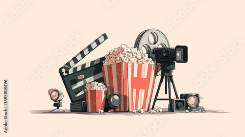 Illustration of popcorn, film reel, clapperboard, and cameras on a transparent background.