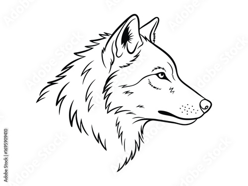 A majestic wolf head profile illustration showcasing detailed fur texture and sharp lines perfect for wildlife and nature designs