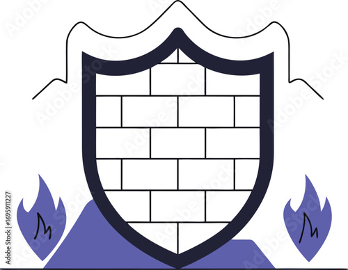 Shield Icon with Brick Wall and Flames security protection
