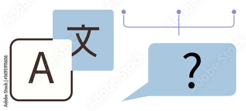 Alphabet and character text boxes with speech bubble signify language translation and communication. Ideal for translation, communication, globalization, education, technology, AI, localization