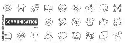 Communication line icons covering chat, message, conversation, collaboration, meeting, support, webinar, podcast, network, feedback; editable stroke vector, mobile, profile, idea