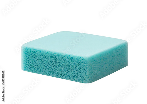 A single light blue porous foam sponge isolated on a clean transparent background, perfect for cleaning or scrubbing tasks, showcasing its texture and simple form