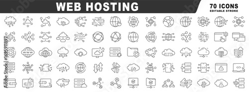 Web hosting icon set covering servers, cloud, domain, DNS, network security, scalability, backup, monitoring, deployment, automation in outline, editable stroke