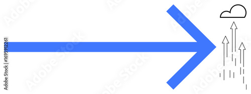 Blue forward arrow pointing to vertical arrows ascending toward a small cloud, symbolizing progress, growth, success, direction, strategy, movement, and goal setting. Ideal for business innovation