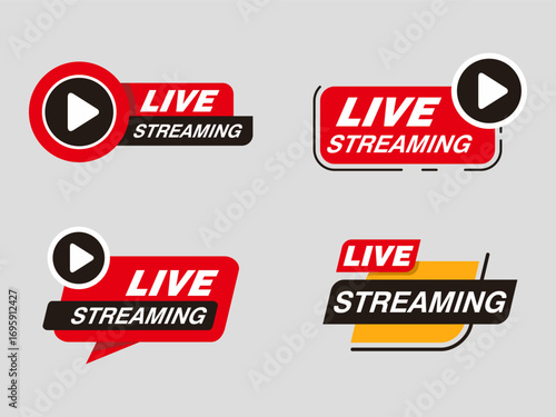 Modern Live Streaming Icon Set with Play Button and Bold Red Black Design