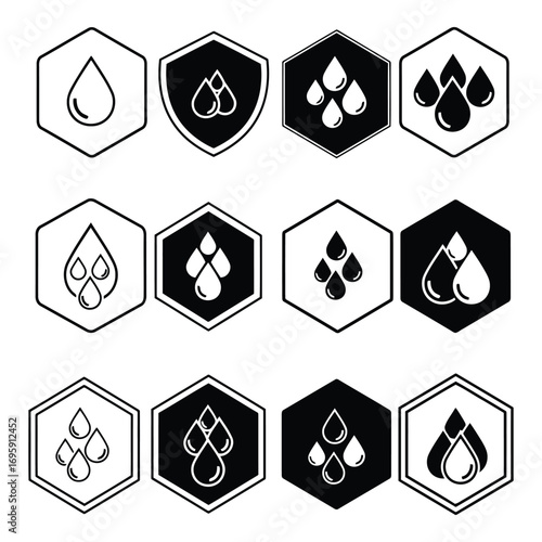 Art of collection of hexagonal icons featuring water drops in various arrangements and styles, isolated on white background