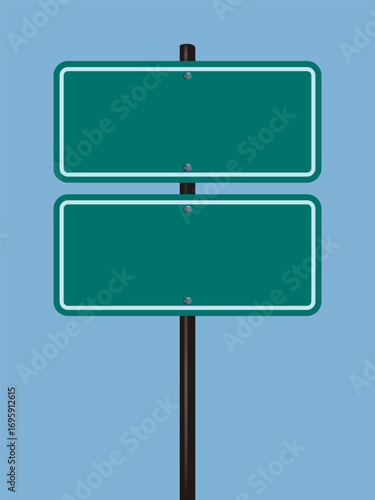 Blank street signboard with green and white panels on blue sky background