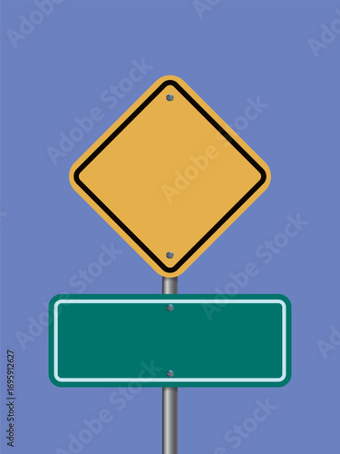 Blank street signboard with green and yellow panels on blue sky background