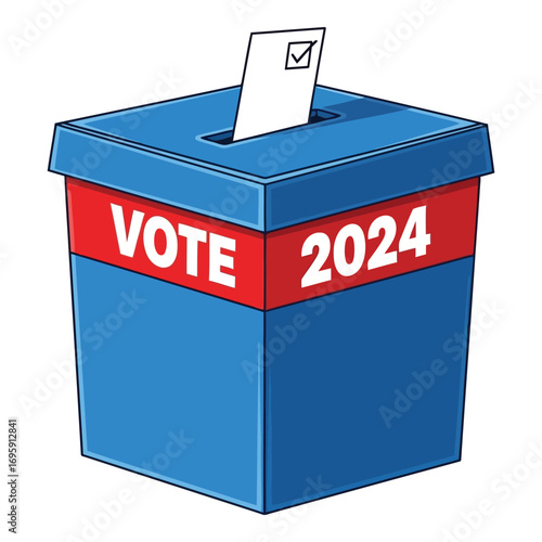 Art of blue ballot box with vote 2024 text and a checkmark on paper, isolated on white background