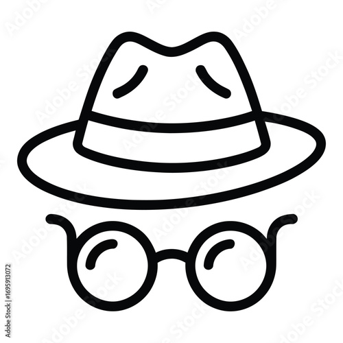 Detective Hat and Glasses Vector Icon – Spy, Secret Agent, Disguise Symbol