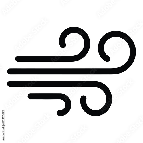 Illustration of stylized wind blowing horizontally with three lines and curved ends for weather icons silhouette