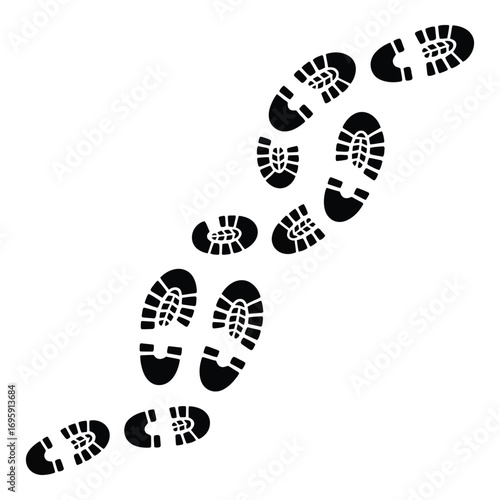 Footprints leading the way forward on a white background in a winding and curving path way silhouette