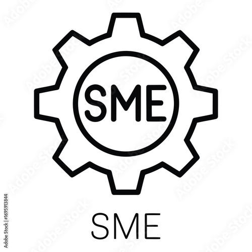 Sme representation with gear outline and text describing the business model of small medium enterprise silhouette