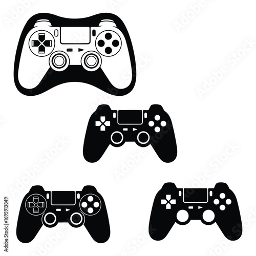 Art of collection of black game controllers isolated on white background