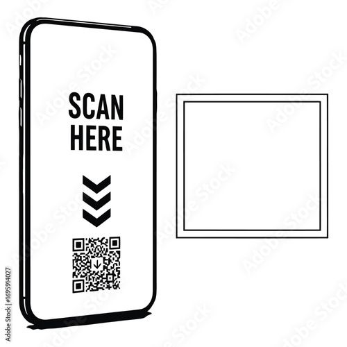 Art of smartphone displaying scan here with a qr code and a blank frame for additional information
