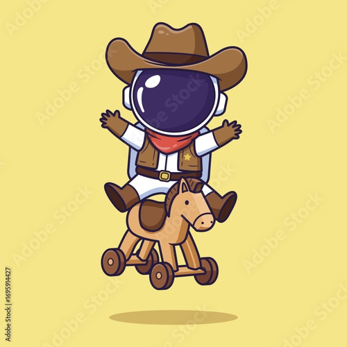 Cute Astronaut Cowboy Riding Toy Horse. vector illustration