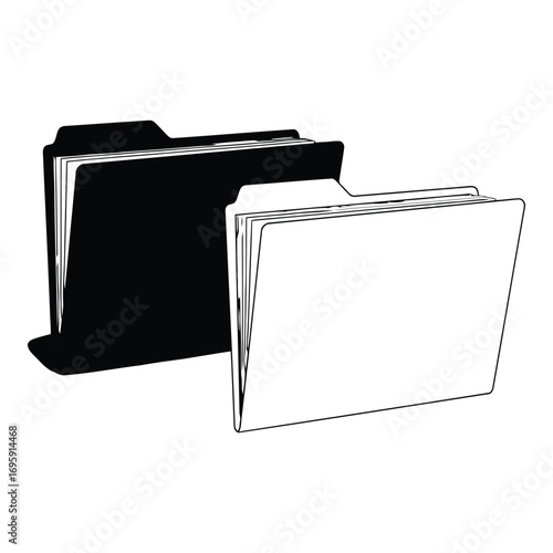 Art of two folders, one black and one white, shown open with pages inside, representing organization and data management, isolated on white background