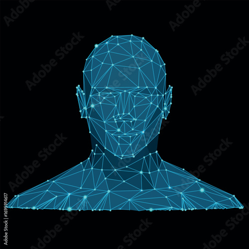 Vector blue polygonal wireframe, biometric technology digital face scanning, facial recognition system, identification