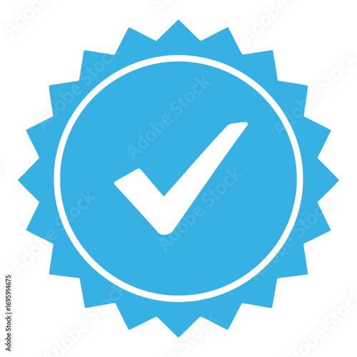 Art of blue starburst badge with a white checkmark inside a circle, signifying verification or approval, isolated on white background