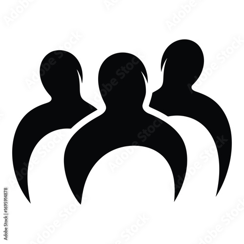 Art of three abstract black figures in a group, representing teamwork and community, isolated on a white background