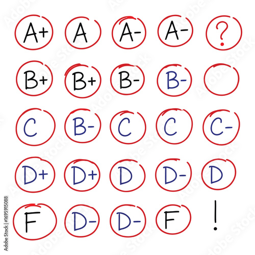 Art of academic grades from a to f with red circles and question mark isolated on white background