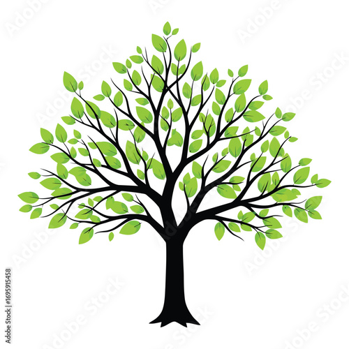 Art of a vibrant green tree with lush leaves and detailed branches, isolated on a clean white background