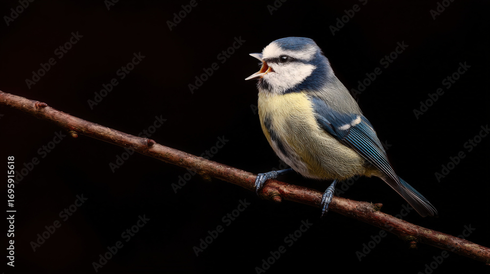 Obraz premium Blue Tit Singing on Branch
