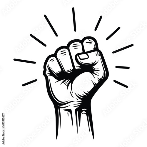 Art of raised fist symbol of power and protest, isolated on white background