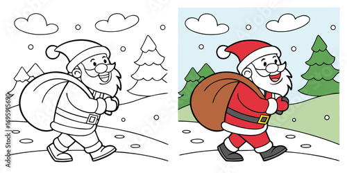 Cartoon Santa Claus walking with gift sack in snowy landscape