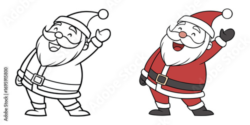 Cartoon Santa Claus waving with red suit and black belt