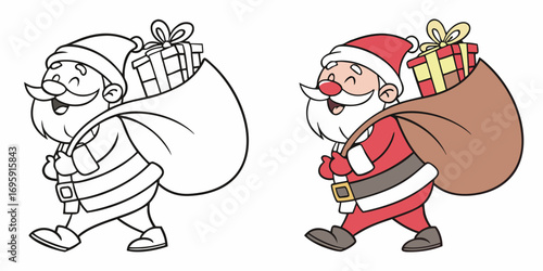 Cartoon Santa Claus walking with sack of gifts Christmas