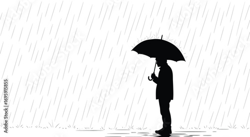 a lone figure stands under umbrella amidst pouring rain