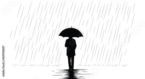 a lone figure stands under umbrella amidst pouring rain