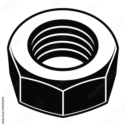 Hexagonal metal nut with internal threads on a white background