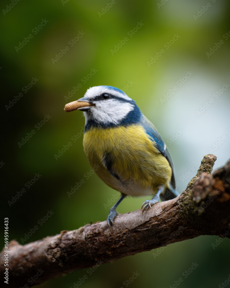 Obraz premium Blue Tit with Worm in Beak Natural Light