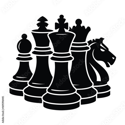 A group of black chess pieces including a king queen bishop knight and pawn