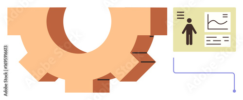 Gear symbol connecting to analytics dashboard with person icon and graph. Ideal for workflow, management, productivity, strategy, automation, efficiency, organization. Minimalist and simple flat