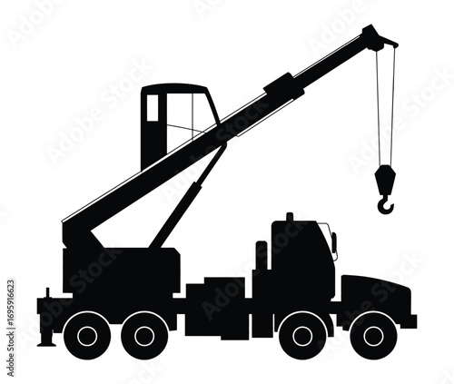 Silhouette of a mobile construction crane with a hook and boom extended against a white background