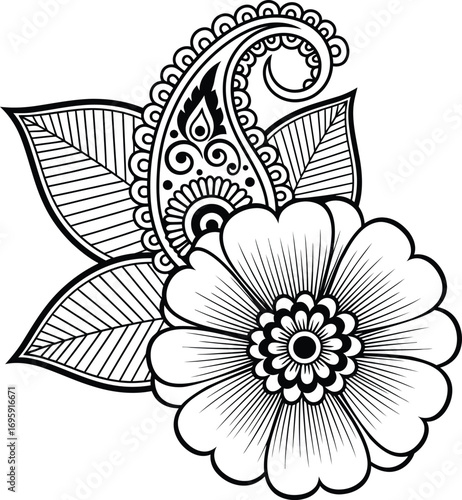 Hand-drawn vector of a mehndi design with paisley, flower, and leaves. Intricate henna-style floral motif for invitations, textiles, and decorative patterns.