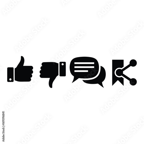 Art of social media icons for like, dislike, comment, and share isolated on white background