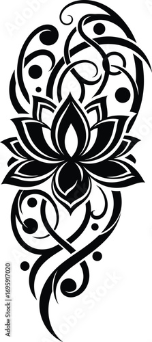 Black intricate lotus flower tribal tattoo vector with decorative swirling elements. Hand-drawn spiritual symbol for body art, graphic design, and meditation themes.