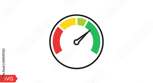Close-up flat lay of a colorful speedometer gauge icon, showing performance metrics in red, yellow, and green segments against a white background, conveying a