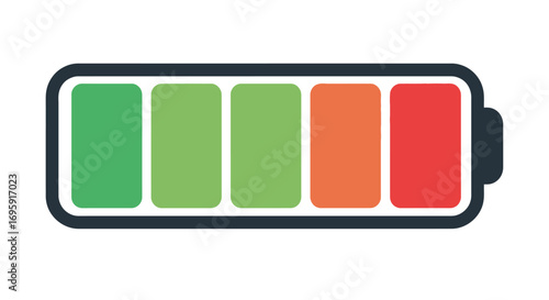 Close-up flat lay of a battery indicator showing a partially depleted charge, with green, orange, and red segments against a white background, conveying a low-power
