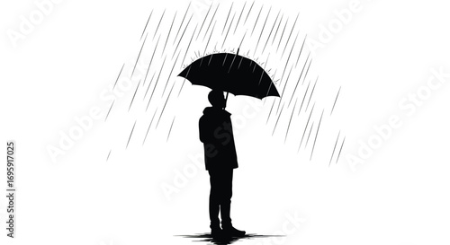 a lone figure stands under an umbrella in pouring rain