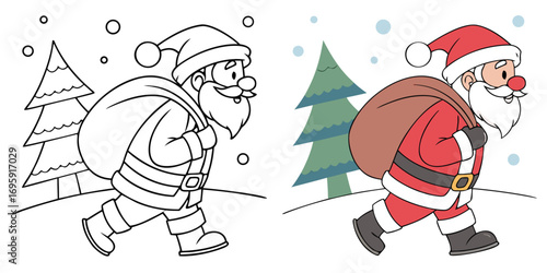 Santa Claus walking with a sack of gifts in the snow